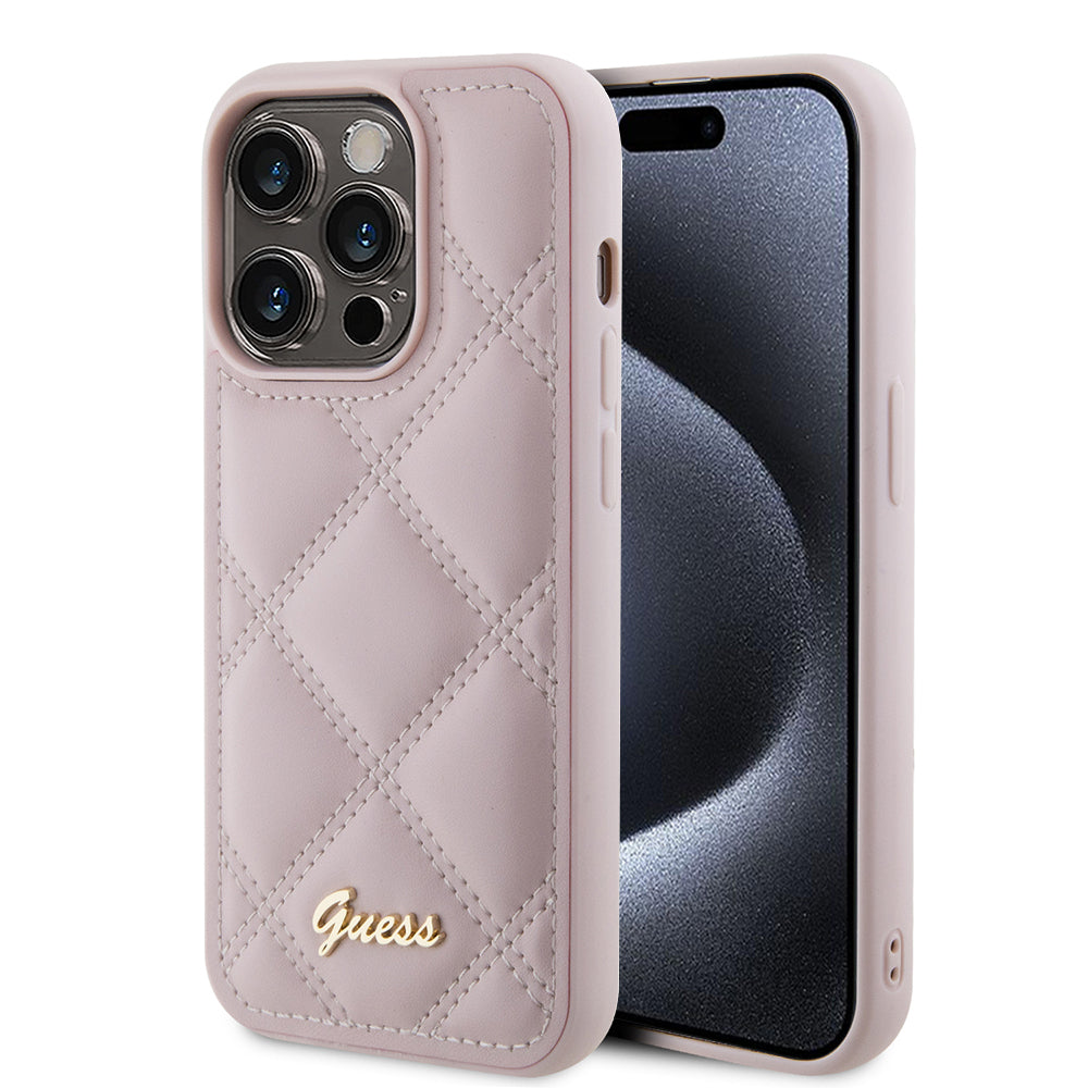 Etui na Apple iPhone 15 Pro, Guess, Quilted Metal Logo, Różowy