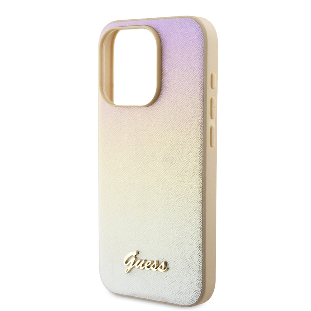Etui na Apple iPhone 15 Pro, Guess, Saffiano Iridescent Script, Złote