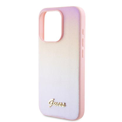 Etui na Apple iPhone 15 Pro, Guess, Saffiano Iridescent Script, Różowy