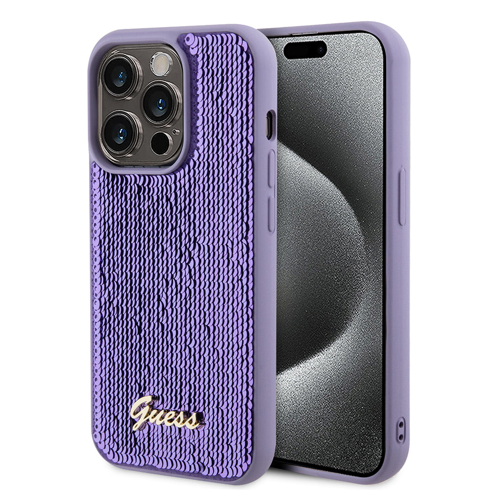 Case for Apple iPhone 15 Pro, Guess, Sequin Script Metal, Purple