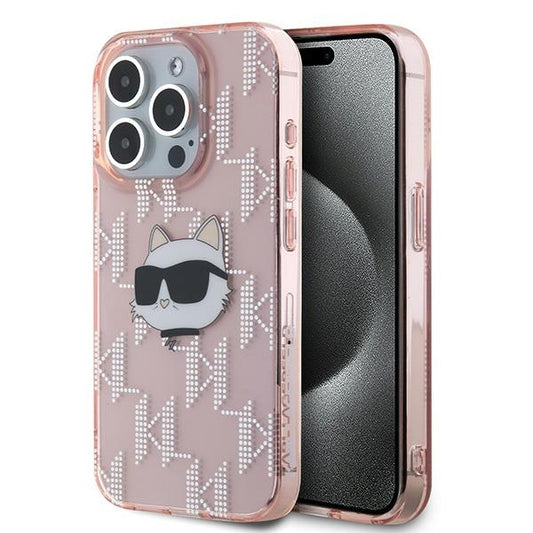 Etui na Apple iPhone 15 Pro, Karl Lagerfeld, IML Luxury Monogram Choupette's Head, Różowy