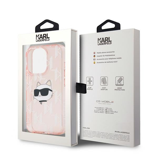Etui na Apple iPhone 15 Pro, Karl Lagerfeld, IML Luxury Monogram Choupette's Head, Różowy