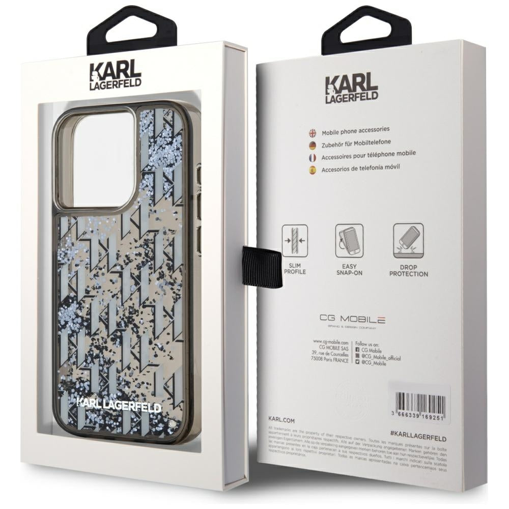 Etui na Apple iPhone 15 Pro, Karl Lagerfeld, Liquid Glitter Monogram, Czarne.