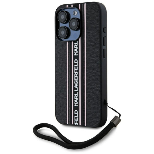 Etui na Apple iPhone 15 Pro, Karl Lagerfeld, Saffiano Athleisure Stripes with Strap, Różowy