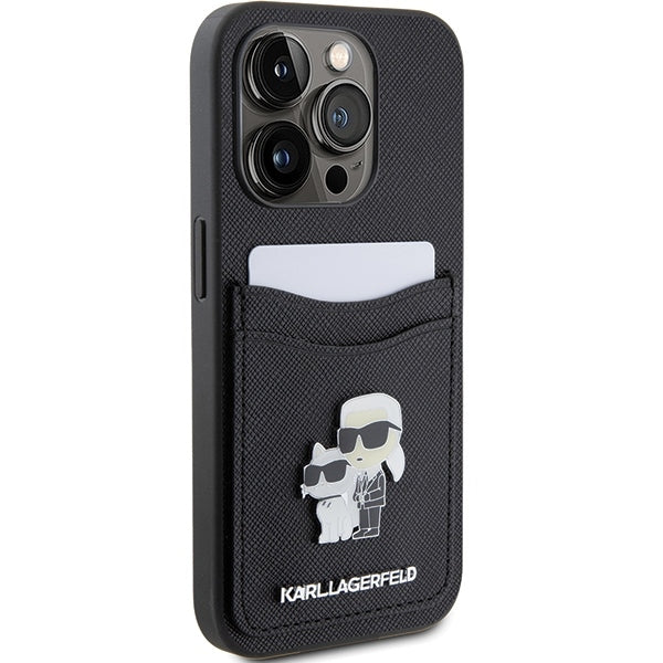 Etui na Apple iPhone 15 Pro, Karl Lagerfeld, Saffiano Card Slot Metal Karl & Choupette, Czarne