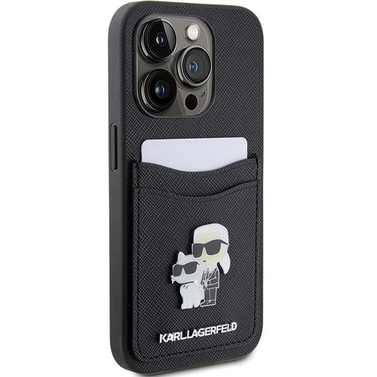 Etui na Apple iPhone 15 Pro, Karl Lagerfeld, Saffiano Card Slot Metal Karl & Choupette, Czarne