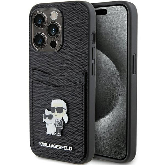 Etui na Apple iPhone 15 Pro, Karl Lagerfeld, Saffiano Card Slot Metal Karl & Choupette, Czarne