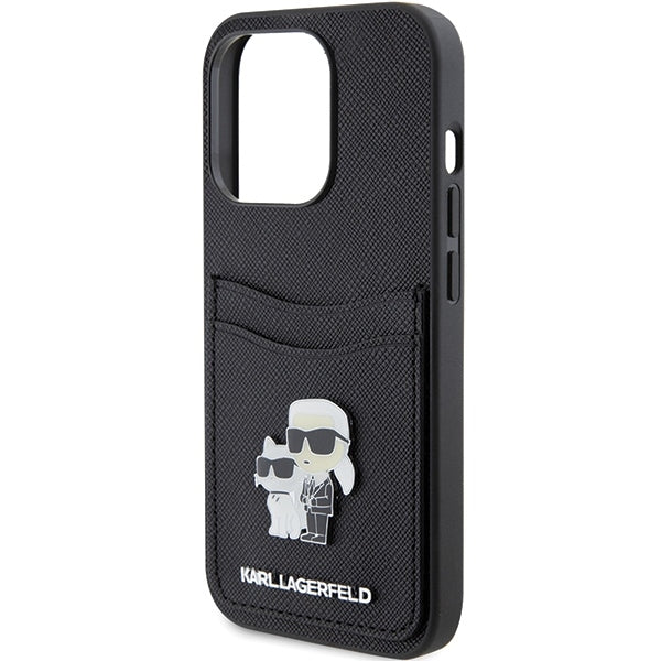 Etui na Apple iPhone 15 Pro, Karl Lagerfeld, Saffiano Card Slot Metal Karl & Choupette, Czarne