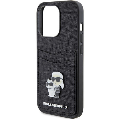 Etui na Apple iPhone 15 Pro, Karl Lagerfeld, Saffiano Card Slot Metal Karl & Choupette, Czarne