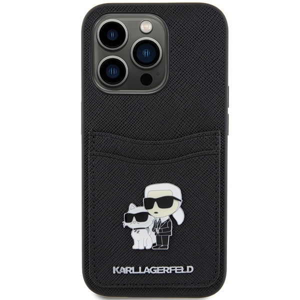 Etui na Apple iPhone 15 Pro, Karl Lagerfeld, Saffiano Card Slot Metal Karl & Choupette, Czarne