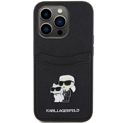 Etui na Apple iPhone 15 Pro, Karl Lagerfeld, Saffiano Card Slot Metal Karl & Choupette, Czarne