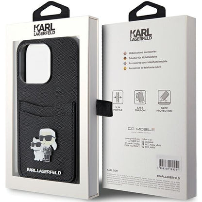 Etui na Apple iPhone 15 Pro, Karl Lagerfeld, Saffiano Card Slot Metal Karl & Choupette, Czarne