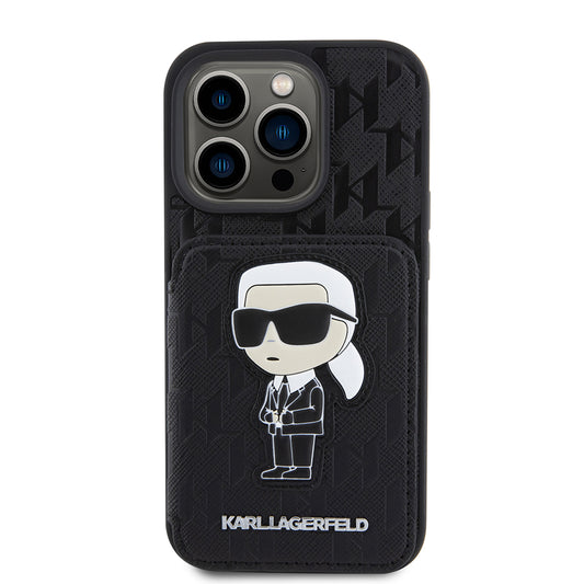 Etui na Apple iPhone 15 Pro, Karl Lagerfeld, Saffiano Cardslots and Stand Monogram Ikonik Karl, Czarne