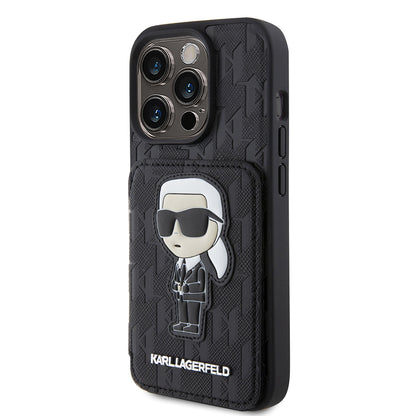 Case for Apple iPhone 15 Pro, Karl Lagerfeld, Saffiano Cardslots and Stand Monogram Ikonik Karl, Black