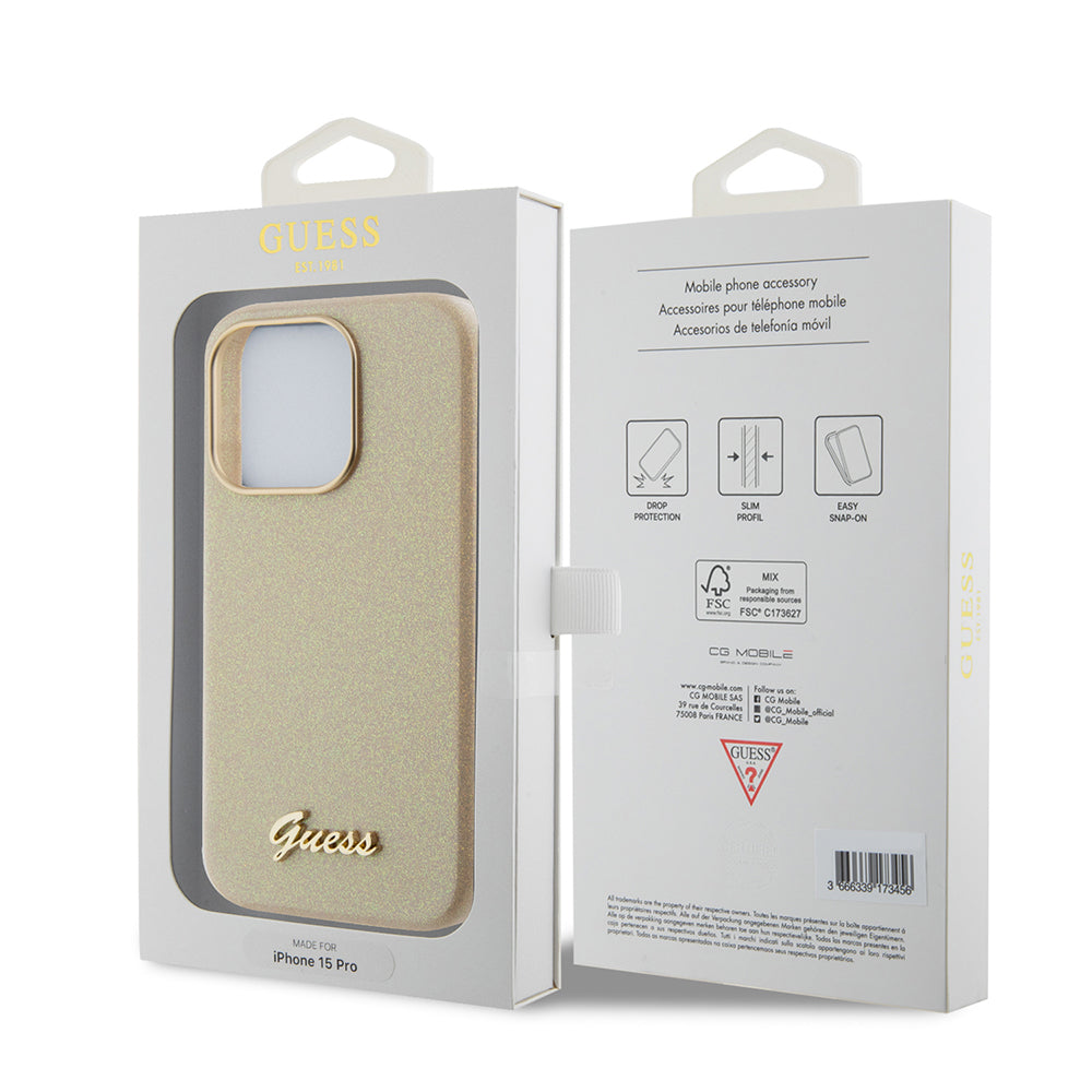 Etui na Apple iPhone 15 Pro Max, Guess, Glitter Glossy Script, Beżowy