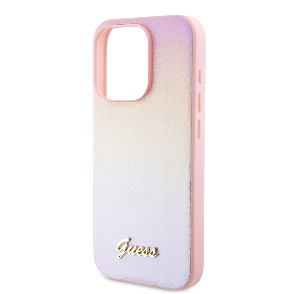 Etui na Apple iPhone 15 Pro Max, Guess, Iridescent Metal Script, Różowy