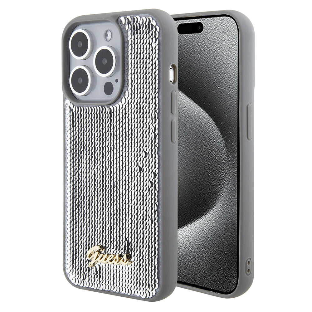 Etui na Apple iPhone 15 Pro Max, Guess, Sequin Script Metal, Srebrne