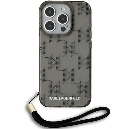 Case for Apple iPhone 15 Pro Max, Karl Lagerfeld, IML Luxury Monogram KL Pattern with Strap, Black