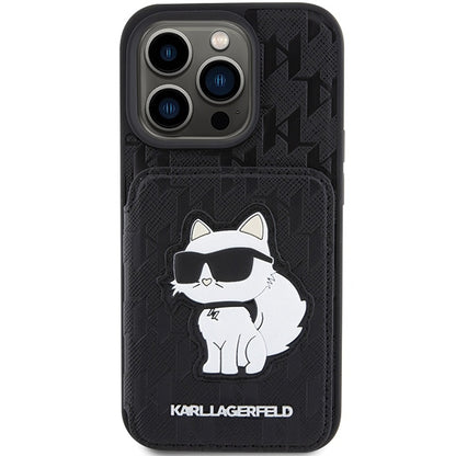 Etui na Apple iPhone 15 Pro Max, Karl Lagerfeld, Saffiano Cardslots and Stand Monogram Choupette, Czarne