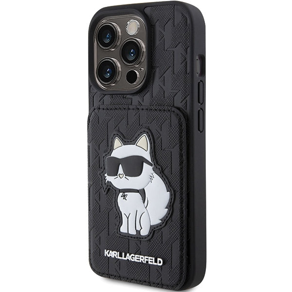 Etui na Apple iPhone 15 Pro Max, Karl Lagerfeld, Saffiano Cardslots and Stand Monogram Choupette, Czarne