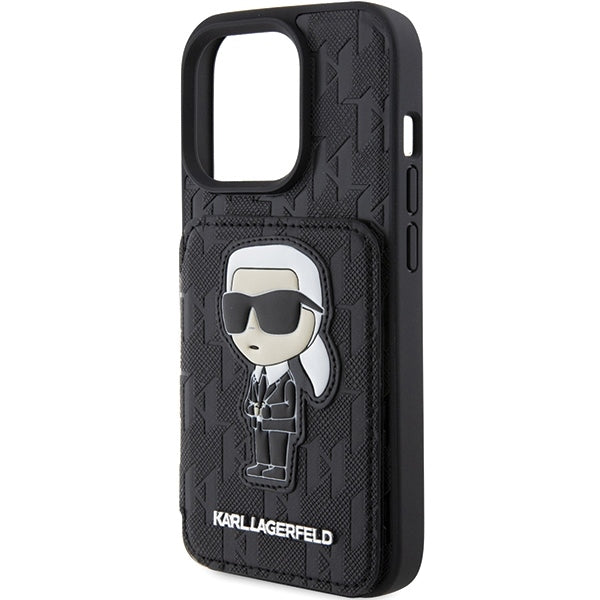 Etui na Apple iPhone 15 Pro Max, Karl Lagerfeld, Saffiano Cardslots and Stand Monogram Ikonik Karl, Czarne