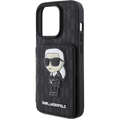 Etui na Apple iPhone 15 Pro Max, Karl Lagerfeld, Saffiano Cardslots and Stand Monogram Ikonik Karl, Czarne