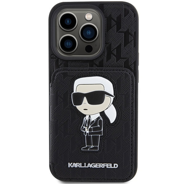Etui na Apple iPhone 15 Pro Max, Karl Lagerfeld, Saffiano Cardslots and Stand Monogram Ikonik Karl, Czarne
