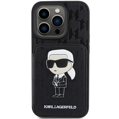 Etui na Apple iPhone 15 Pro Max, Karl Lagerfeld, Saffiano Cardslots and Stand Monogram Ikonik Karl, Czarne