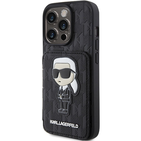 Etui na Apple iPhone 15 Pro Max, Karl Lagerfeld, Saffiano Cardslots and Stand Monogram Ikonik Karl, Czarne