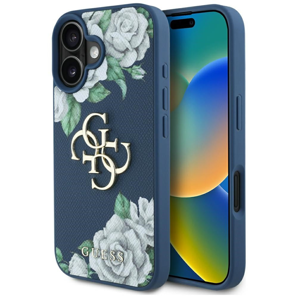 Etui na Apple iPhone 16, Guess, 4G Grained Roses Big Logo, Niebieskie.