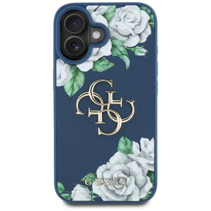 Etui na Apple iPhone 16, Guess, 4G Grained Roses Big Logo, Niebieskie.