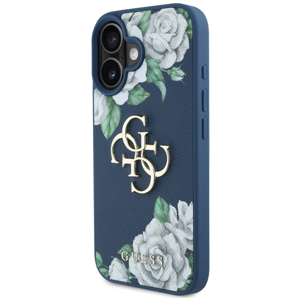 Etui na Apple iPhone 16, Guess, 4G Grained Roses Big Logo, Niebieskie.