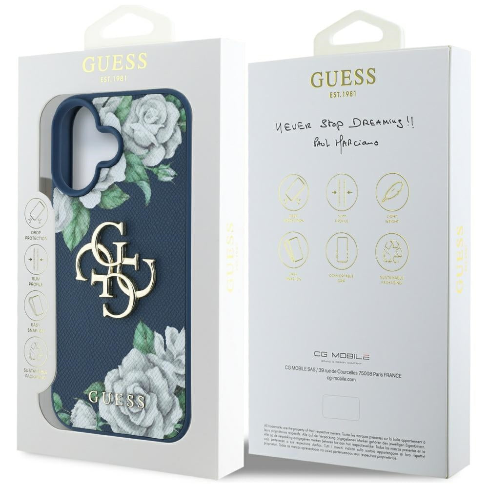 Etui na Apple iPhone 16, Guess, 4G Grained Roses Big Logo, Niebieskie.