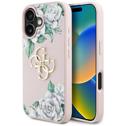 Etui na Apple iPhone 16, Guess, 4G Grained Roses Big Logo, Różowy