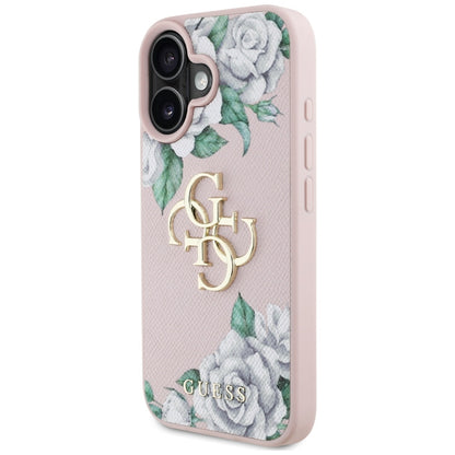 Etui na Apple iPhone 16, Guess, 4G Grained Roses Big Logo, Różowy