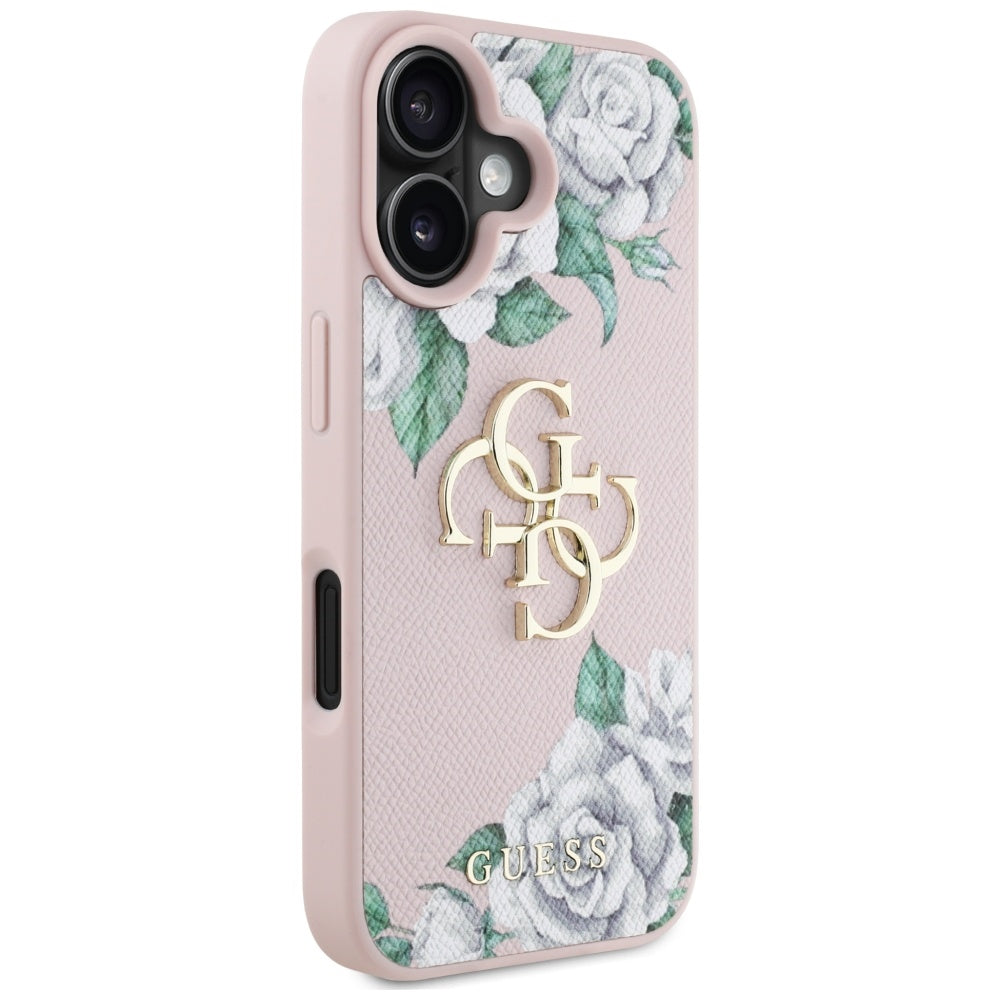 Etui na Apple iPhone 16, Guess, 4G Grained Roses Big Logo, Różowy
