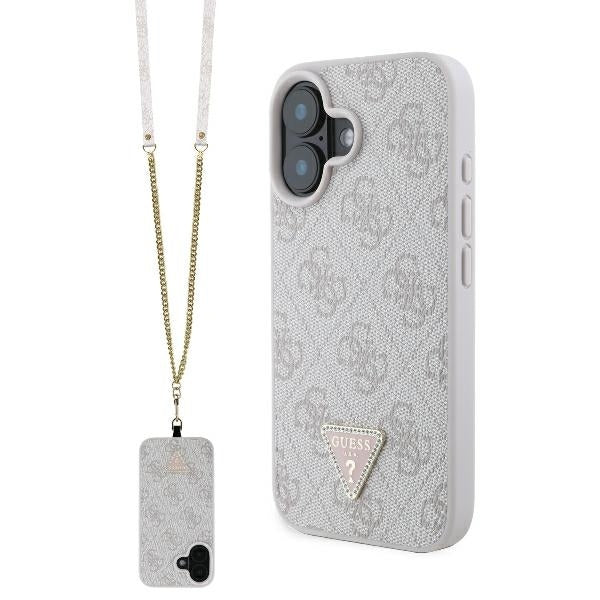 Etui dla Apple iPhone 16, Guess, Crossbody 4G Triangle Strass, Różowy