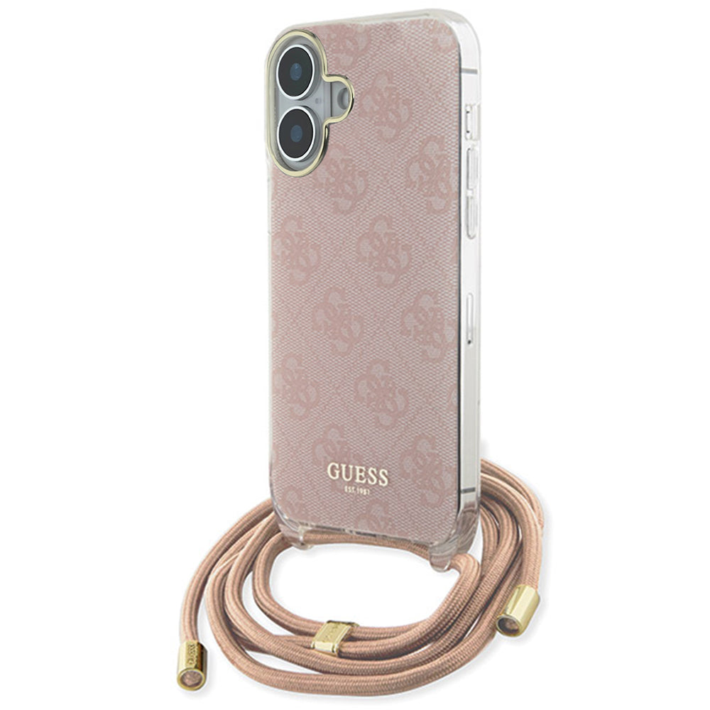 Etui na Apple iPhone 16, Guess, Crossbody Cord 4G Print, Różowy