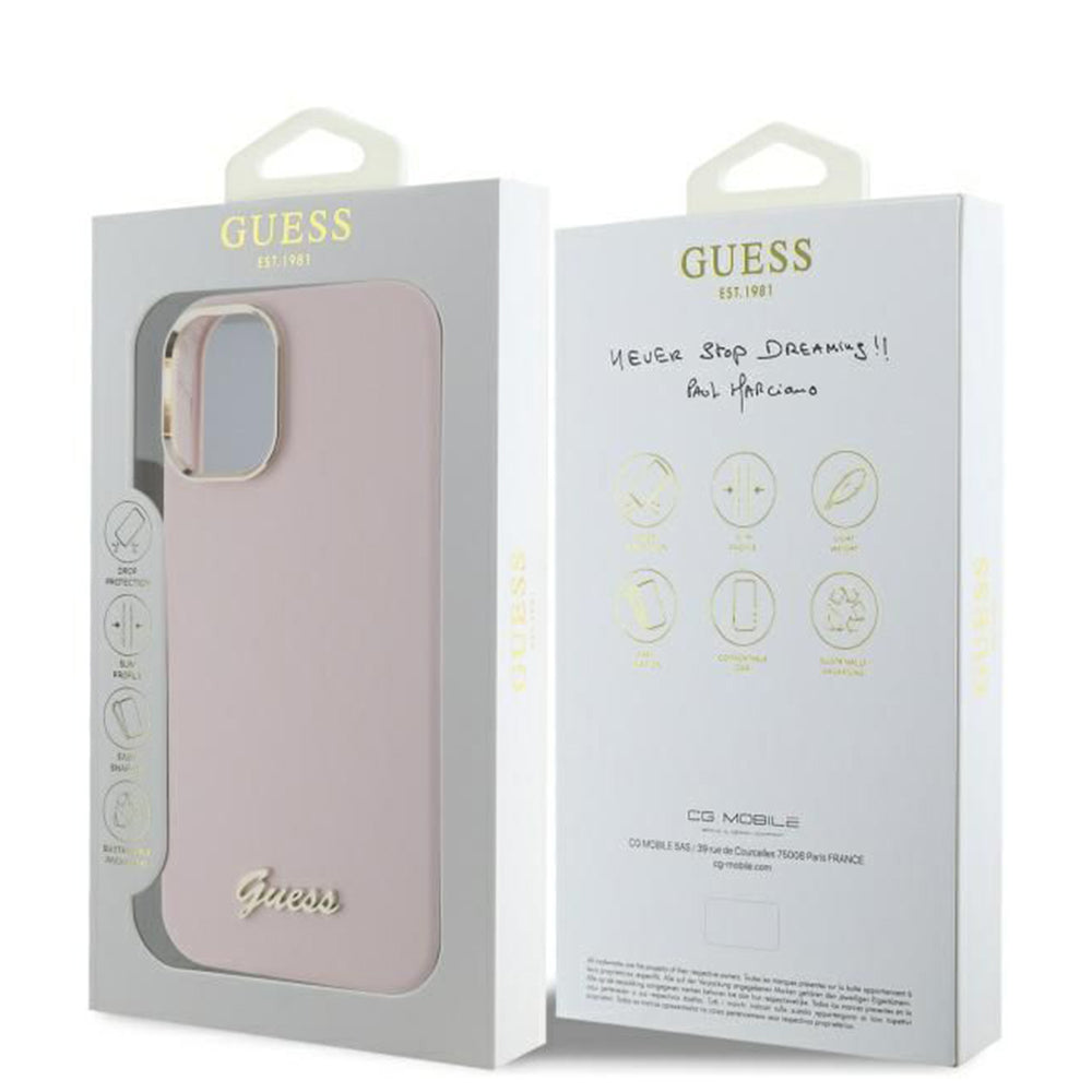 Etui na Apple iPhone 16, Guess, Script Metal Logo & Frame, Różowy