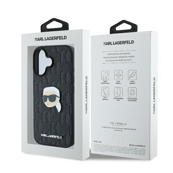 Etui na Apple iPhone 16, Karl Lagerfeld, Monogram Karl's Head, Czarne