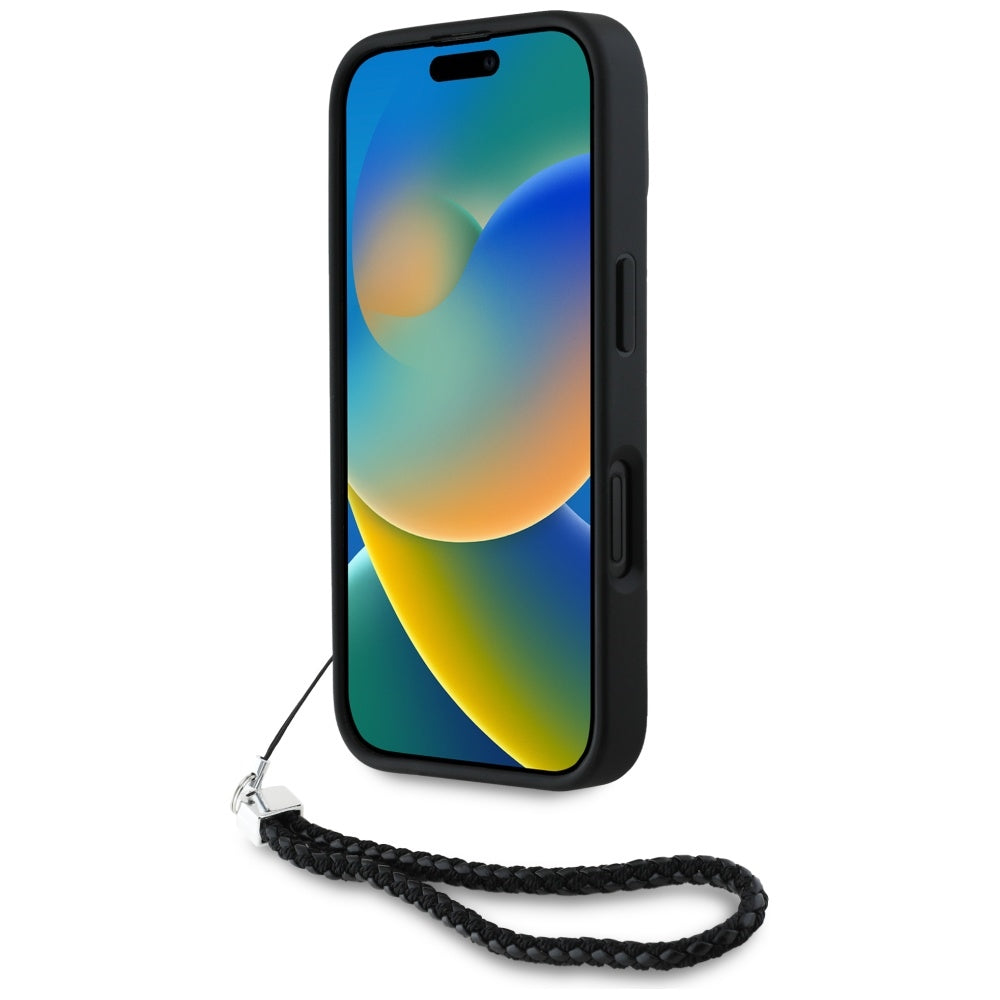 Etui na Apple iPhone 16, Karl Lagerfeld, Pikowany początkowy logo & Pasek łańcuchowy, Czarne