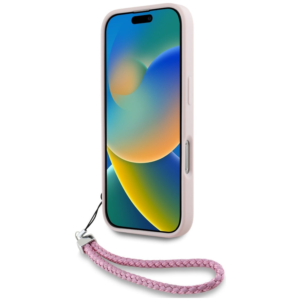 Etui na Apple iPhone 16, Karl Lagerfeld, Pikowany początkowy logo & Pasek łańcuszkowy, Różowy