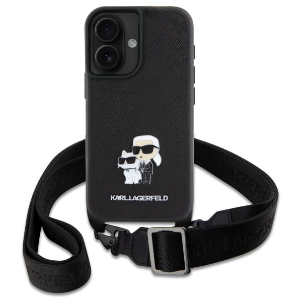 Etui na Apple iPhone 16, Karl Lagerfeld, Saffiano Crossbody Metal Pin Karl & Choupette, Białe