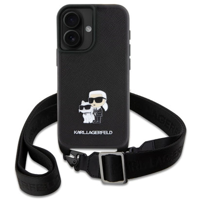 Etui na Apple iPhone 16, Karl Lagerfeld, Saffiano Crossbody Metal Pin Karl & Choupette, Białe