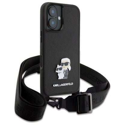 Etui na Apple iPhone 16, Karl Lagerfeld, Saffiano Crossbody Metal Pin Karl & Choupette, Białe