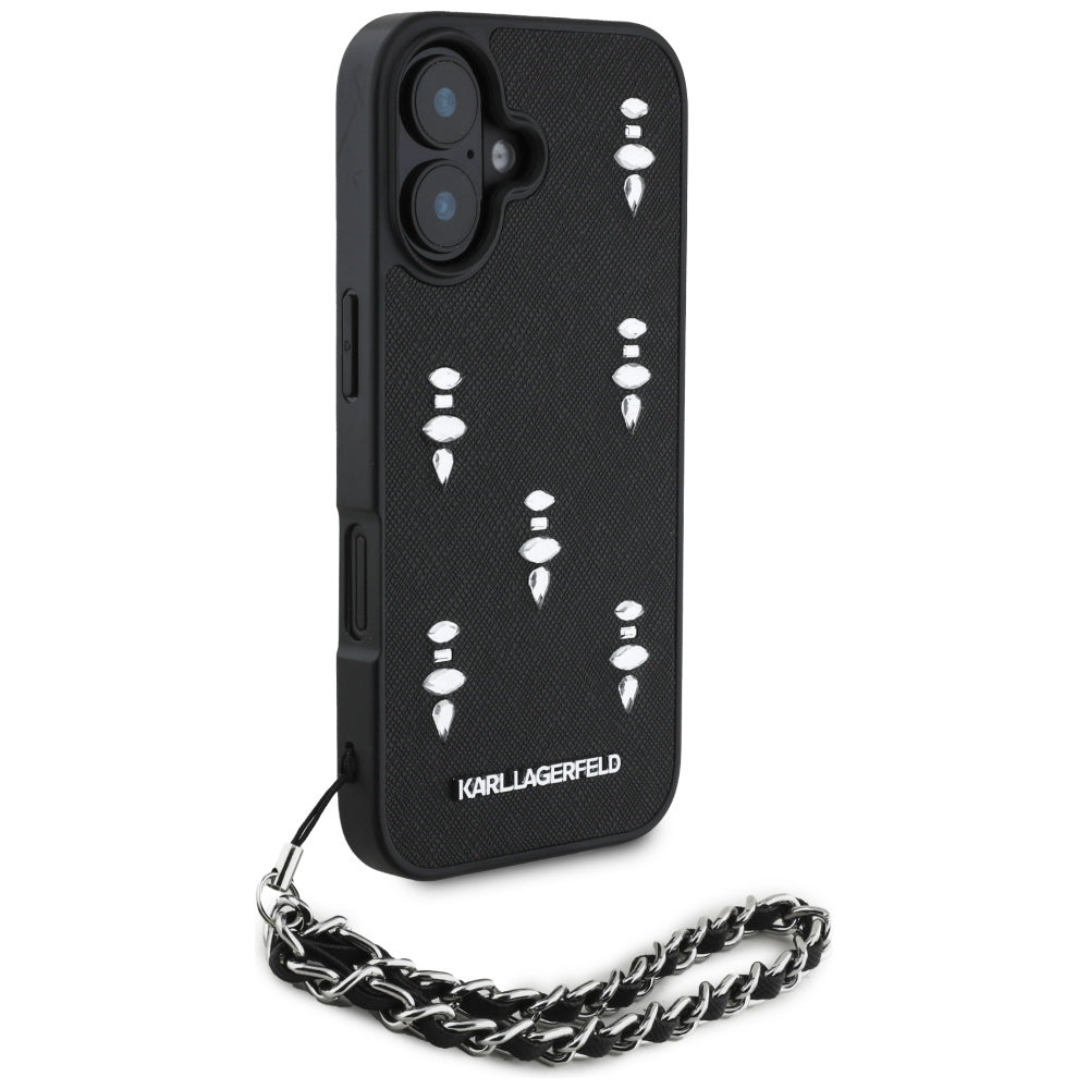 Etui na Apple iPhone 16, Karl Lagerfeld, Saffiano Crystals & Charm, Czarne