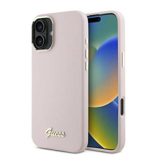 Etui na Apple iPhone 16 Plus, Guess, Script Metal Logo & Frame, Różowy