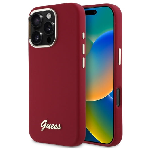 Etui na Apple iPhone 16 Pro, Guess, Script Metal Logo, Różowe