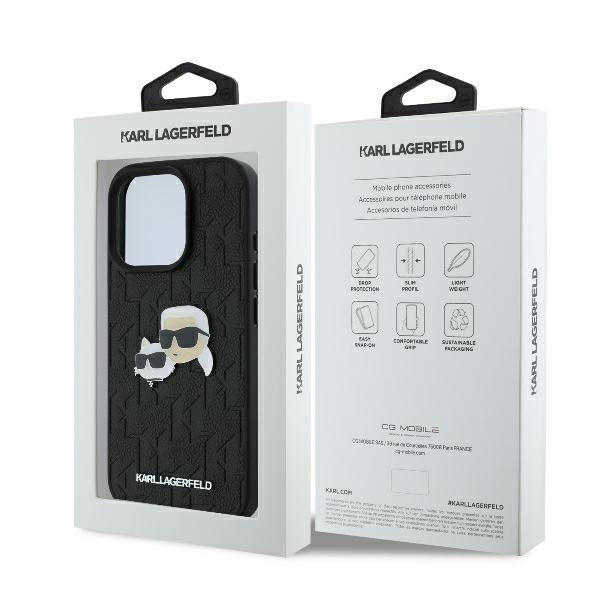 Etui na Apple iPhone 16 Pro, Karl Lagerfeld, Monogram Karl & Choupette's Heads, Czarne