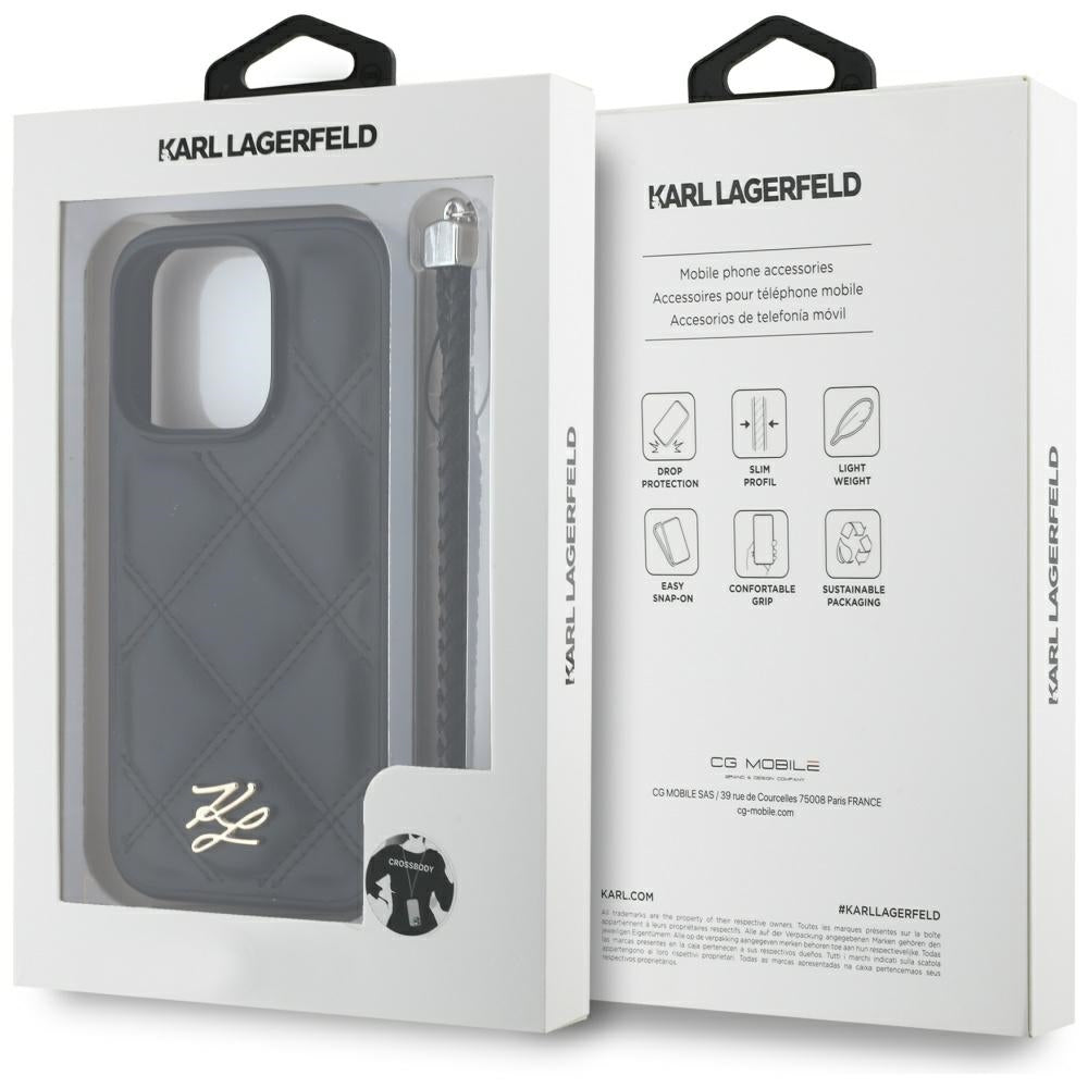 Etui na Apple iPhone 16 Pro, Karl Lagerfeld, Quilted Initial Logo & Chain Strap, Czarne